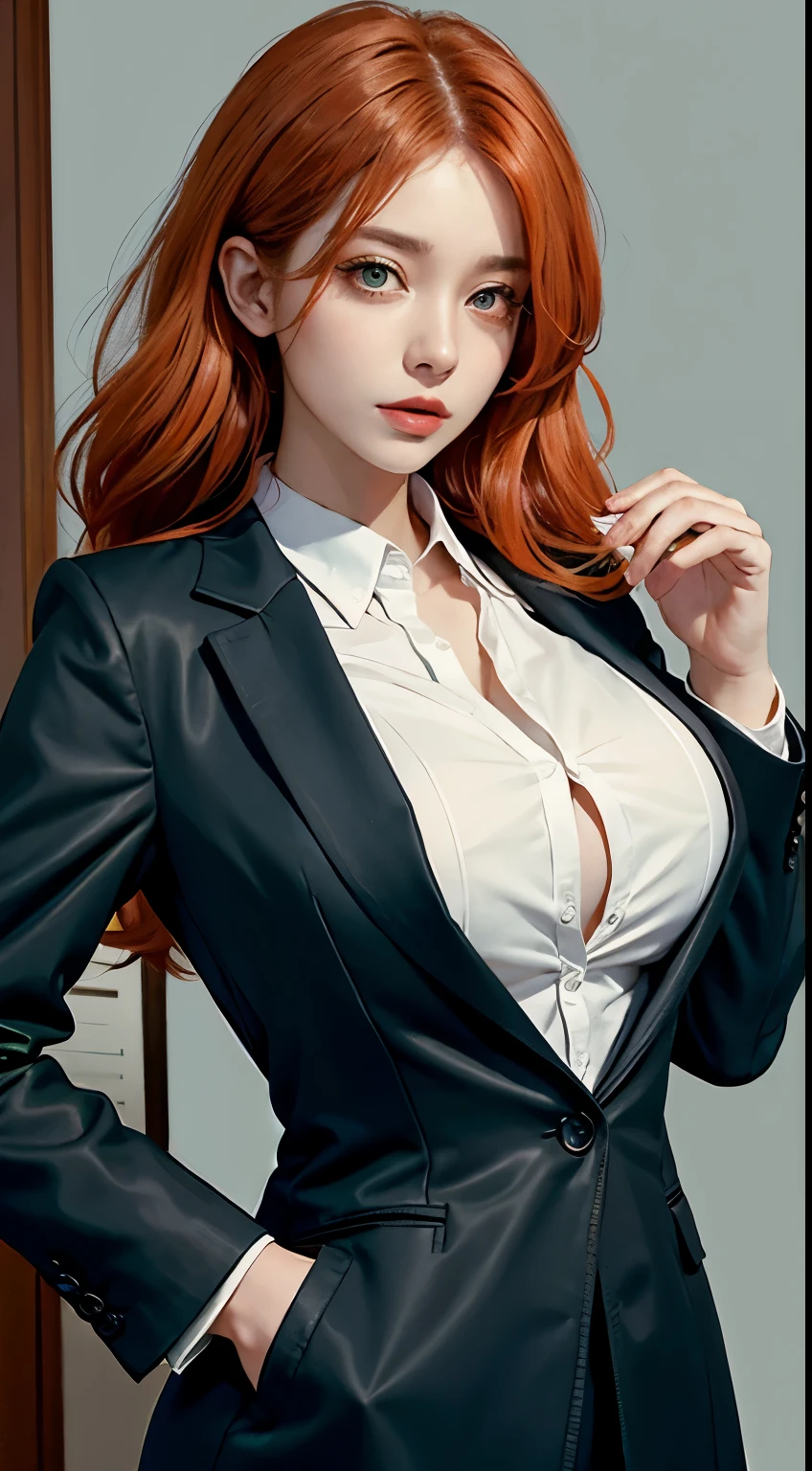 1 beautiful woman, office suit, coat, shirt, (Sui Ishida, ) Wojciech Siudmak abstract, (masterpiece, best quality),massive boobs, big ass, green eyes,short orange hair, wavy hair