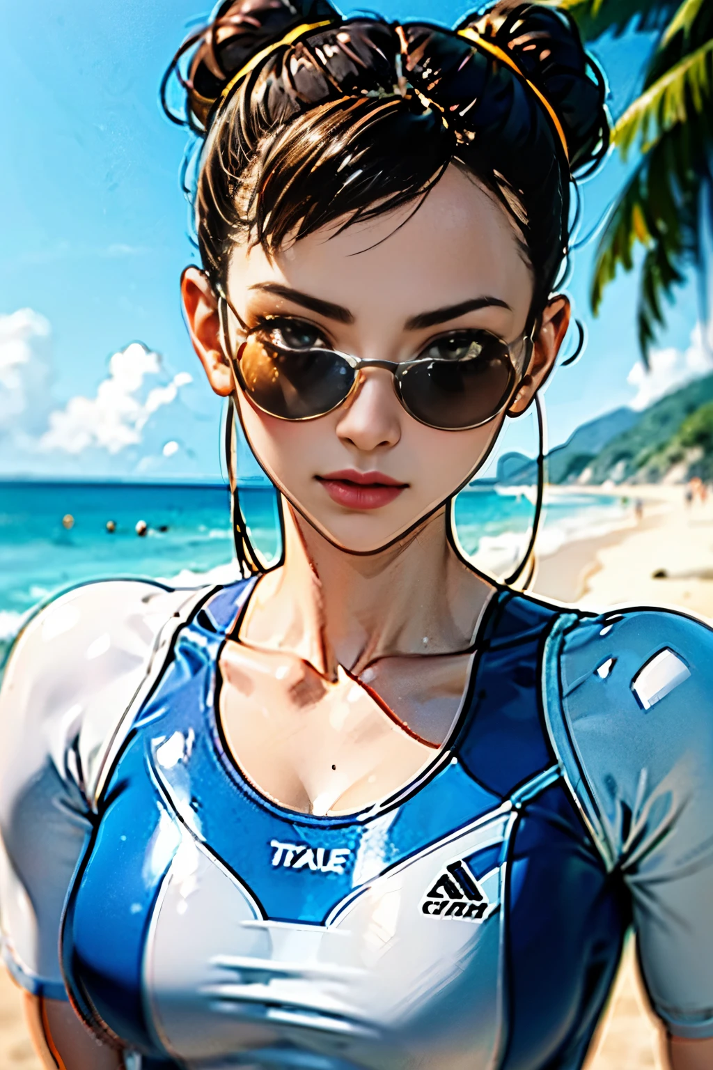 Chun Li,alta resolución, de la máxima calidad, ilustraciones, Súper detalle, (cara detallada), (ojos detallados) , playa, traje de baño de buceo, Solo, Gafas de sol, Rostro bonito, piel detallada, cabello realista, textura perfecta