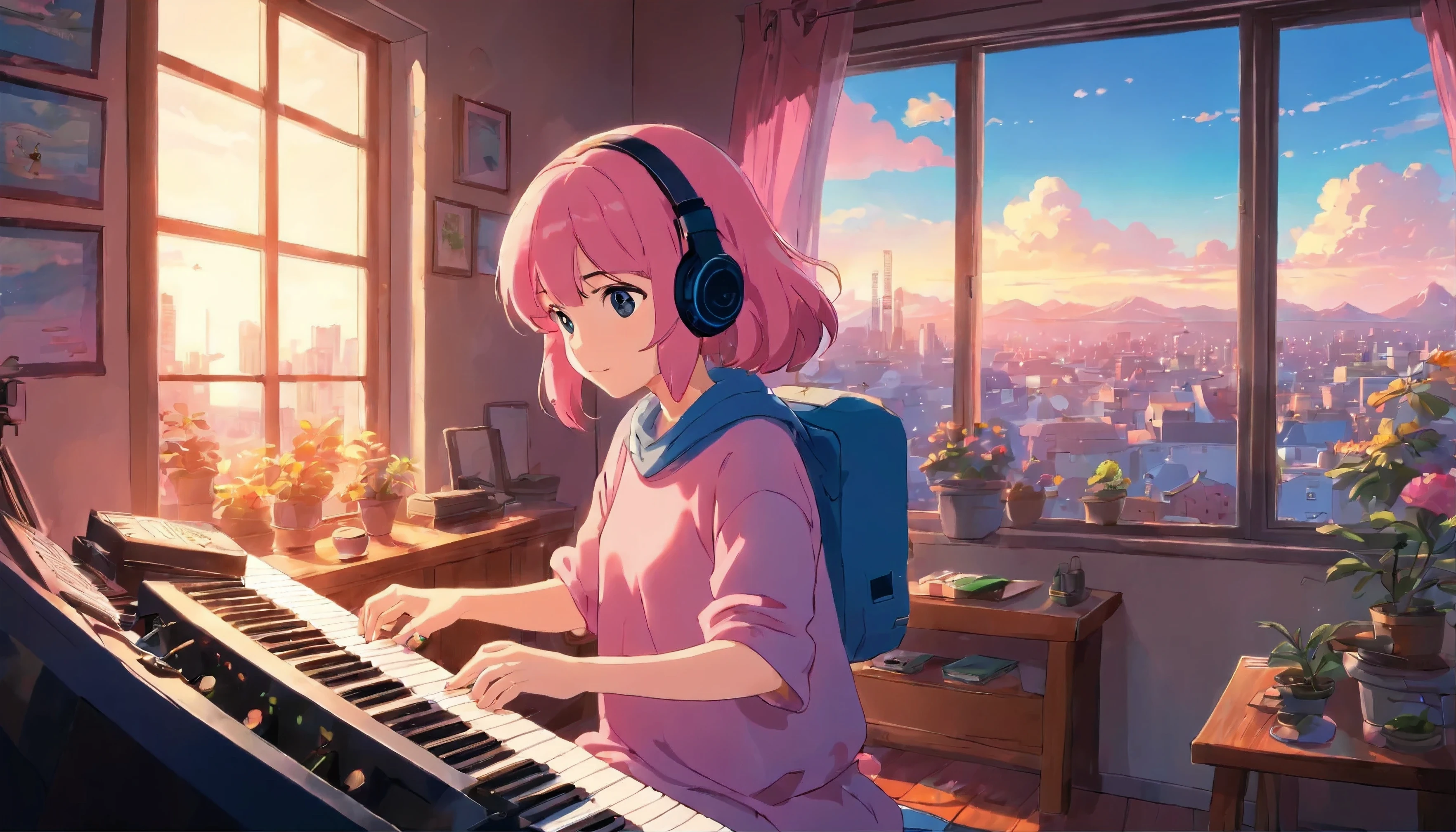 Anime girl playing piano in a room with a view of a city - SeaArt AI