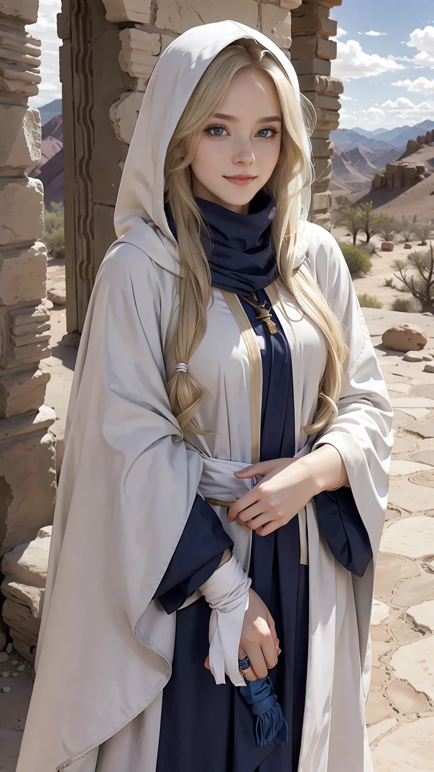 22 year old white female、hair color is blonde、blue eyes、long hair、The ends of the hair are wavy、hair is set、accessories on wrist、wears a cloak that covers the entire body、wearing a hood、wearing a muffler、covering the mouth with a muffler、Inside a ruin lined with columns in the desert、smile、hand on stone pillar