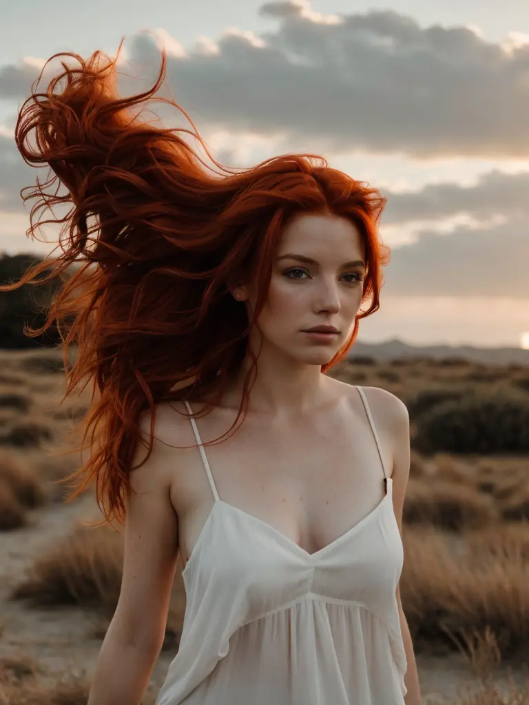 A photograph of a red-haired woman with windswept hair, sus cabellos enredados como llamas contra un cielo crepuscular, hora dor...