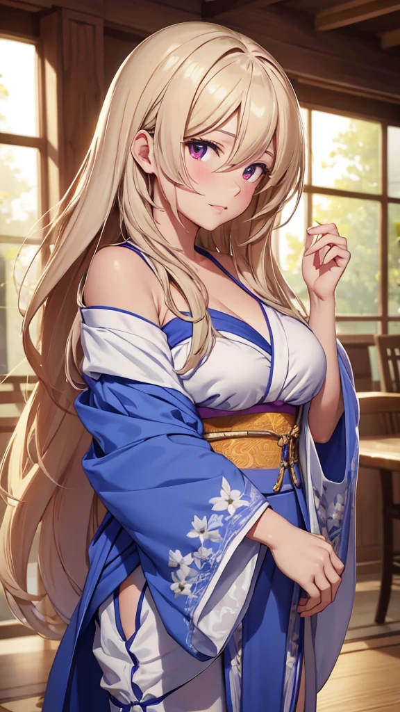 8k、quality、on the table、super high image quality、super detailed、Super beautiful、Ultra-realistic hair textures、anime illustration、Surreal sensibility、full body lesbian、charming appearance、shave 、Japanese off-shoulder blue yukata、beautiful woman, red eyes、glowing skin、very huge、Japanese red lace、glowing skin 、clean skin、Japanese style room with daytime background,  1.5，blush，