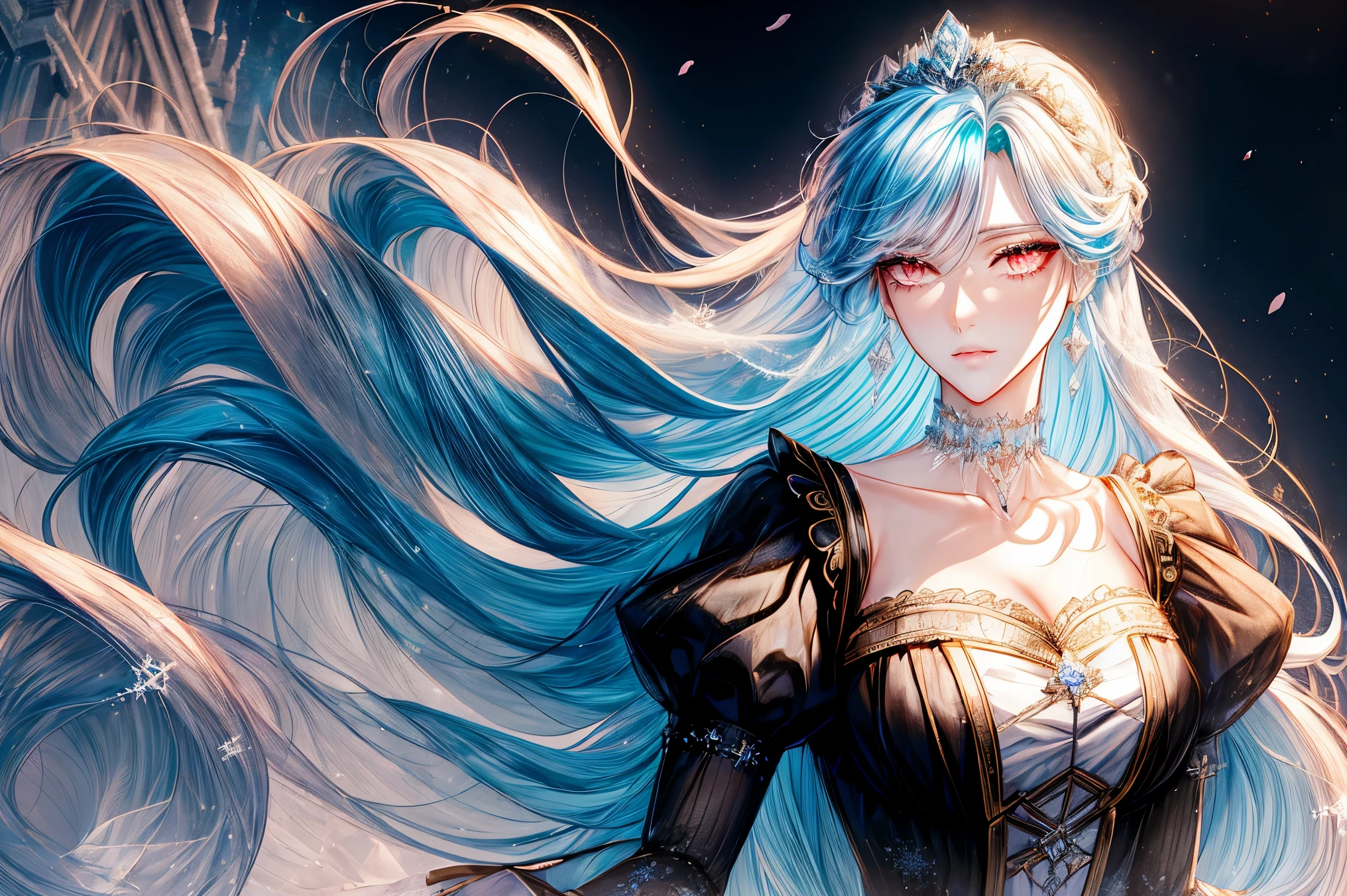 (((shoujo-style))), (romance manhwa), frostedstyle, 1girl, cyan hair, solo, long hair, frozen, ice, crystalline, dress, tiara, white dress, gloves, long sleeves, choker, red eyes, mascara, makeup, elbow gloves, bow, floating hair, bra, jewelry, looking at viewer, collarbone, puffy sleeves, golden accessories, upper body, parted bangs, very long hair, black dress, frills, bangs, closed mouth, outdoors, detailed eyes, dynamic cut,