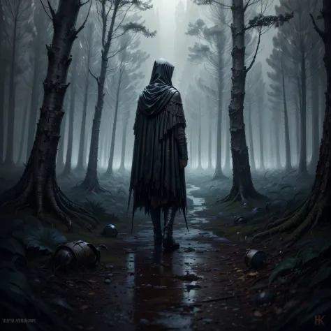 very gloomy mysterious and dark forest with undead and skeletons, very unclean, incredibly high quality, Lots of elements, aesth...