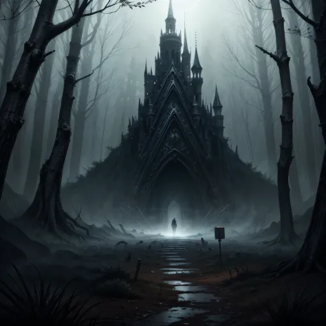 very gloomy mysterious and dark forest with undead and skeletons, very unclean, incredibly high quality, lots of elements, aesth...