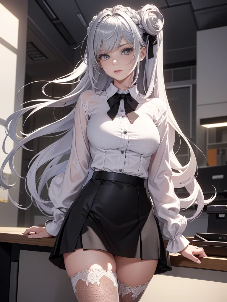 ridiculous, 8k ,high resolution, Super detailed, beautiful, masterpiece, best quality, (beautiful detailed silver eyes), (1 girl) ,A sexy beautiful young woman working as an office OL (female office worker),White collared button-down shirt,Black slit skirt,(black company),long legs ,Leg details,High heel,side ponytail , Bangs,whole body,,split,