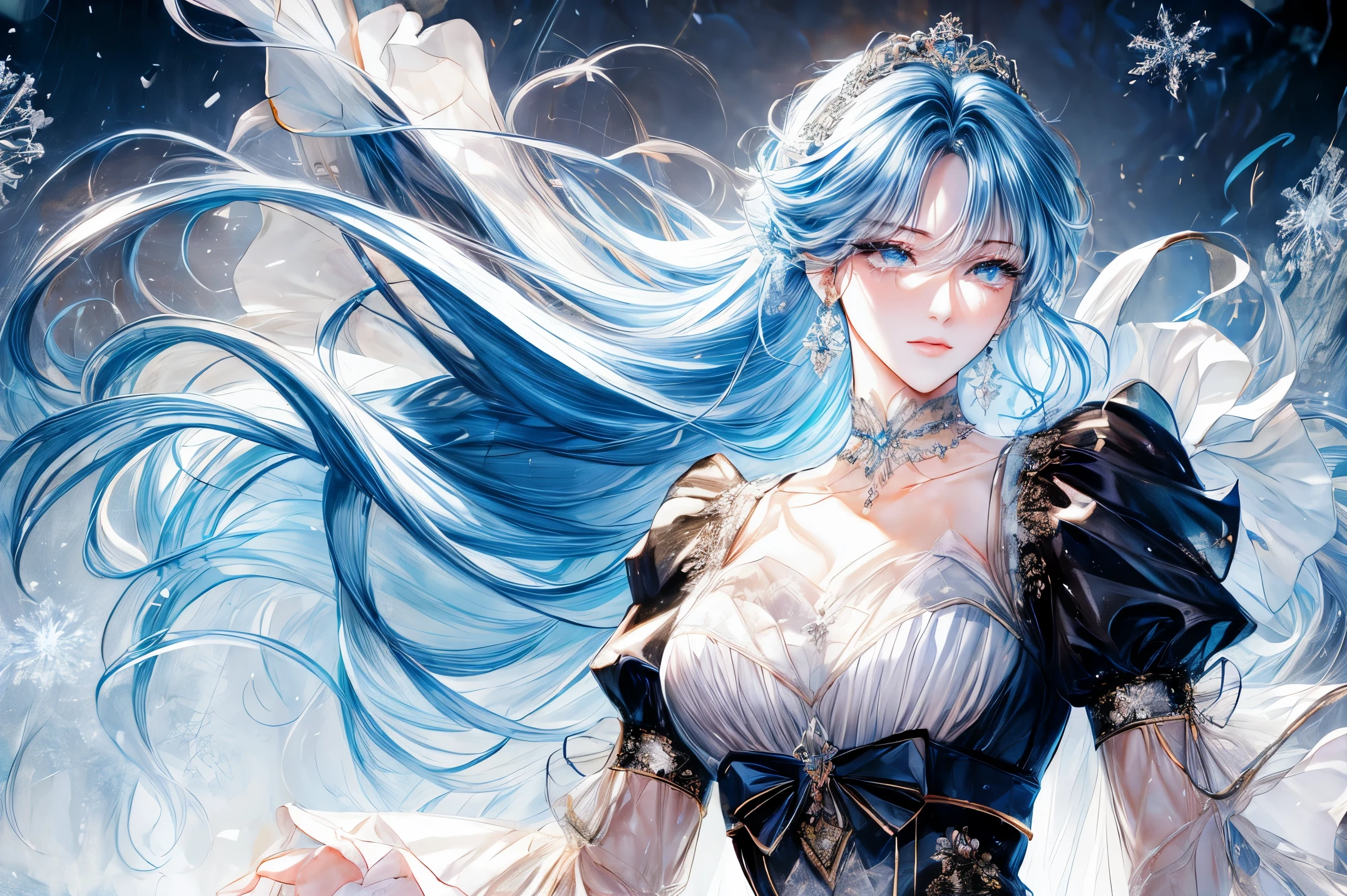 (((shoujo-style))), (romance manhwa), frostedstyle, 1girl, cyan hair, solo, long hair, frozen, ice, crystalline, dress, tiara, white dress, gloves, long sleeves, choker, mascara, makeup, elbow gloves, bow, floating hair, bra, jewelry, looking at viewer, collarbone, puffy sleeves, golden accessories, upper body, parted bangs, very long hair, black dress, frills, bangs, closed mouth, outdoors, detailed eyes, dynamic cut,