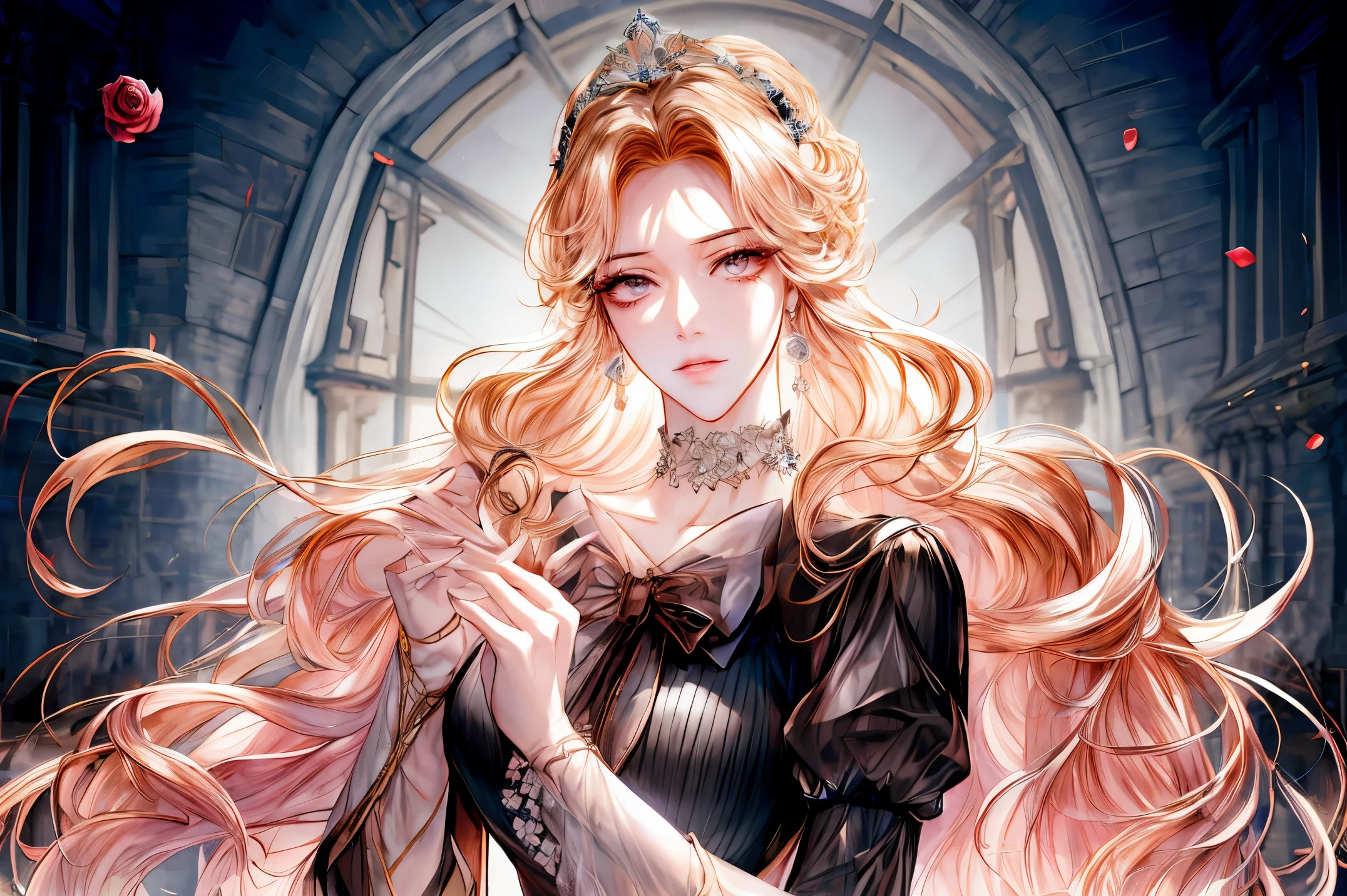 (((Shoujo-Stil))), (Romantik Manhwa), 1 Mädchen, blondes Haar, Allein, bohrer haar, Blume, Rose, kristallin, Kleid, Tiara, white Kleid, Handschuhe, lange Ärmel, Halsband, Maskara, bilden, elBogen Handschuhe, Bogen, schwebendes Haar, Gut, Schmuck, Betrachter betrachten, Schlüsselbein, Puffärmel, goldene Accessoires, Oberkörper, geteilter Pony, sehr lange Haare, black Kleid, Rüschen, bangs, geschlossener Mund, draußen, detaillierte Augen, dynamischer Schnitt,