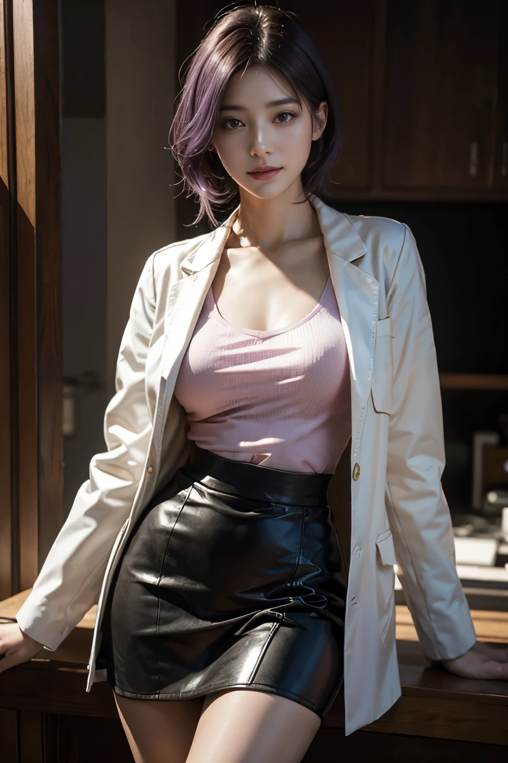 Beautiful mature purple hair spanish woman、Super beauty　(Jaws like the real thing)Female doctor in white coat、physician　Pink blouse　Black tight skirt　((Slimed、小柄))、Have a stethoscope　A smile　Photorealsitic、a picture、​masterpiece、reallistic、真实感、photorealisim、High contrast、Photorealistic Art Station Trend Digital Art 8k HD High Resolution Explanation Real, detaileds, Skin Texture, ultra-detailliert, realistic skin textures, armature, top-quality, 超A high resolution, (Photorealsitic:1.4),, hight resolution, detaileds, Raw foto, Sharp Re, Nikon D850 Film Stock Photo by Lee Jefferies 4 Kodak Portra 400 Camera F1.6 lenses rich colors hyper realistic lifelike textures dramatic lighting unreal engine artstation trends synestil 800,