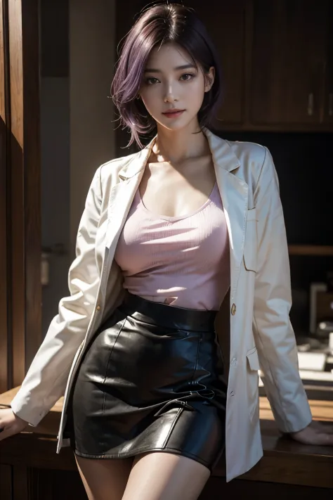 beautiful mature purple hair spanish woman、super beauty　(jaws like the real thing)female doctor in white coat、physician　pink blo...