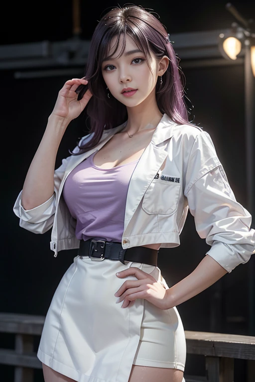 Beautiful mature purple hair spanish woman、Super beauty　(Jaws like the real thing)Female doctor in white coat、physician　Pink blouse　Black tight skirt　((Slimed、小柄))、Have a stethoscope　A smile　Photorealsitic、a picture、​masterpiece、reallistic、真实感、photorealisim、High contrast、Photorealistic Art Station Trend Digital Art 8k HD High Resolution Explanation Real, detaileds, Skin Texture, ultra-detailliert, realistic skin textures, armature, top-quality, 超A high resolution, (Photorealsitic:1.4),, hight resolution, detaileds, Raw foto, Sharp Re, Nikon D850 Film Stock Photo by Lee Jefferies 4 Kodak Portra 400 Camera F1.6 lenses rich colors hyper realistic lifelike textures dramatic lighting unreal engine artstation trends synestil 800,