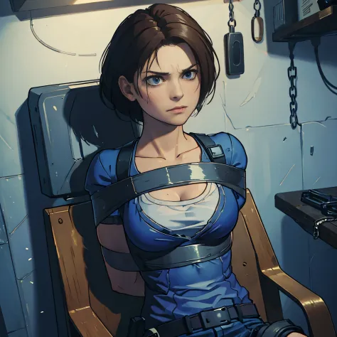 high quality, high resolution, extreme detail, masterpiece, Jill valentine, tied up by chain, in the basement,,bondage, (restrai...