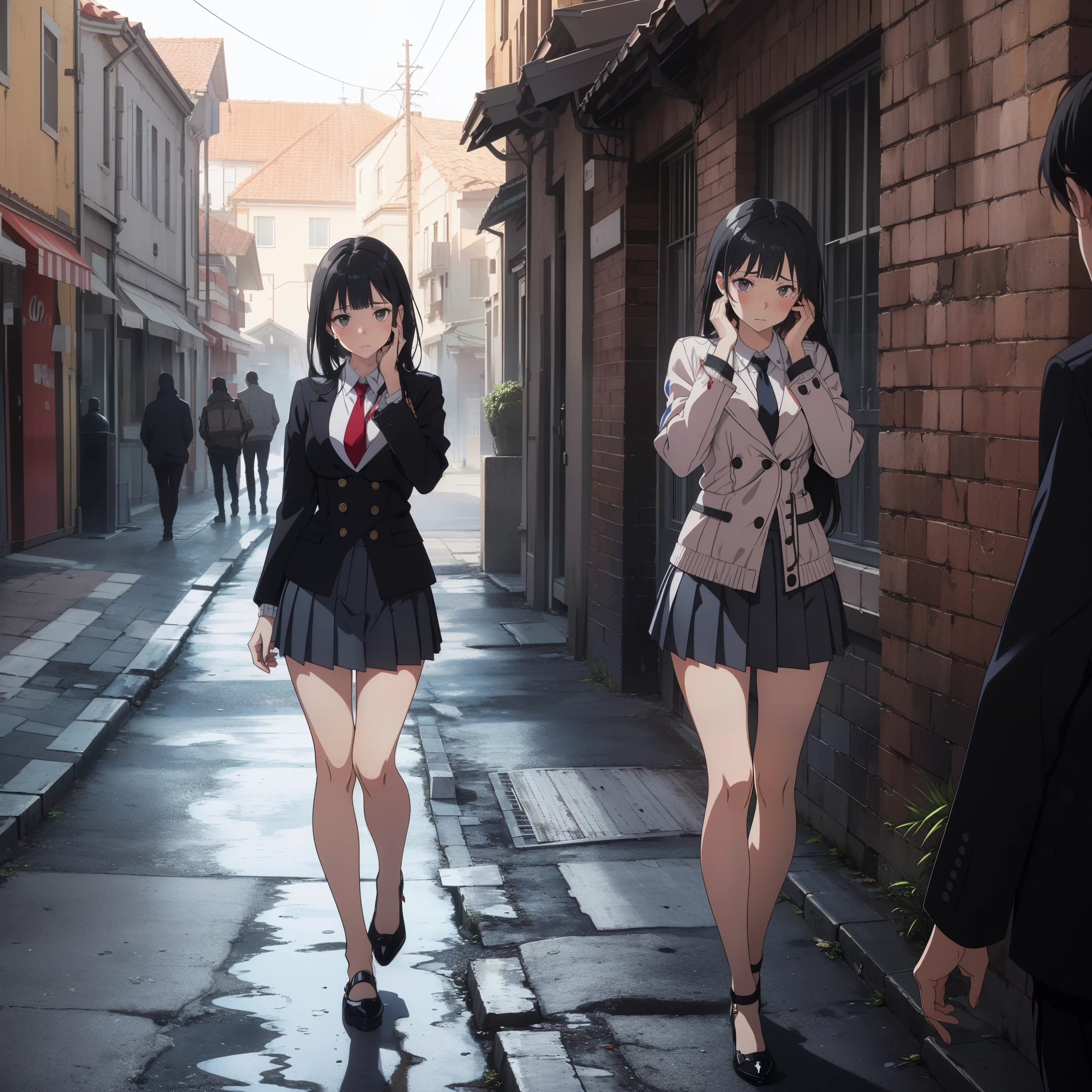 (Beautiful posture), 1Girl,slim,( thin, ((black short skirt with pleats)),(((short double-breasted jacket))), (black very short jacket),(fitted clothing) ,a white blouse, (red tie short) ,(Mary Jane shoes),long bangs on face, (straight black hair to waist)),gray eyes with a hint of purple, knee-deep portrait, sad, It&#39;s a nasty day, stands in the castle, ((emotion fear)), (sad face) ,(turns around) , (((press two palms to your face1.6)))