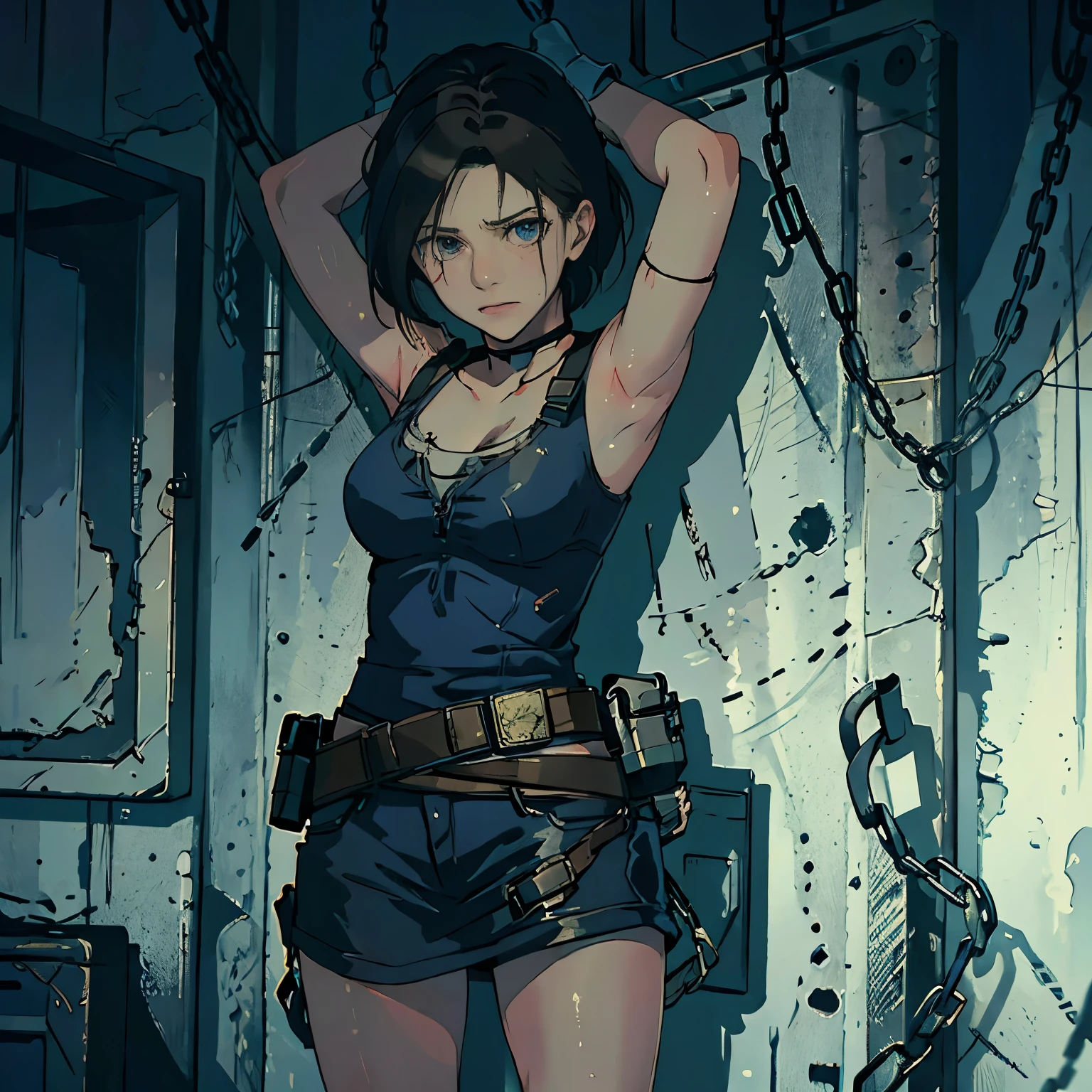 high quality, high resolution, extreme detail, masterpiece, Jill valentine, tied up by chain, in the basement,bondage, (restrained), mud, angry, 