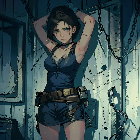 high quality, high resolution, extreme detail, masterpiece, Jill valentine, tied up by chain, in the basement,bondage, (restrain...