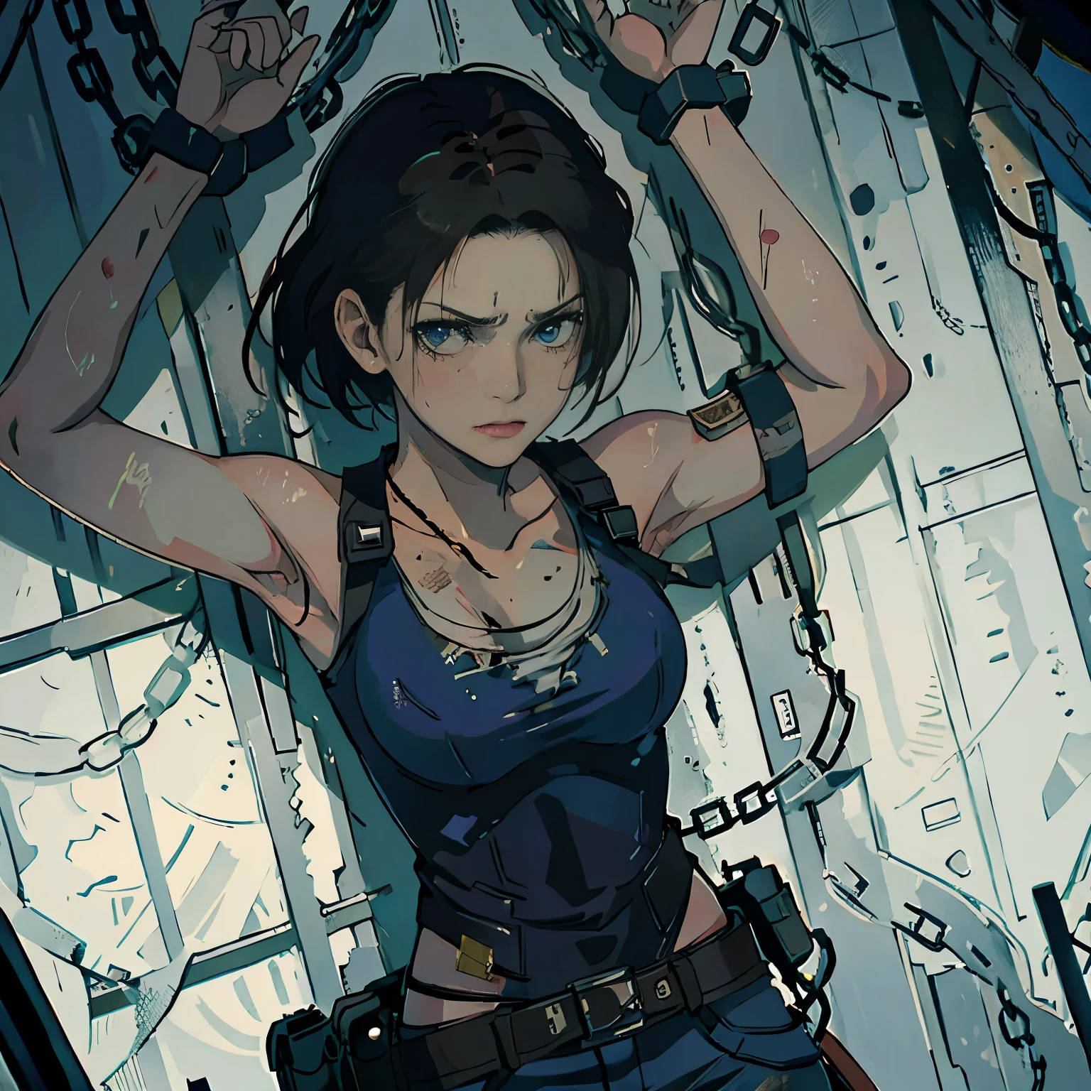 high quality, high resolution, extreme detail, masterpiece, Jill valentine, tied up by chain, in the basement,bondage, (restrained), mud, angry, 