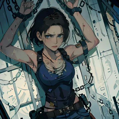 high quality, high resolution, extreme detail, masterpiece, jill valentine, tied up by chain, in the basement,bondage, (restrain...