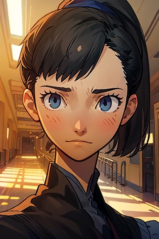 (masterpiece), best quality, expressive eyes, perfect face, ambient lighting, smooth, elegant, featured on pixiv, close-up of a girl inside school hallway, soft expression, slight smile, black hair, ponytail , mature face , tall and slender
