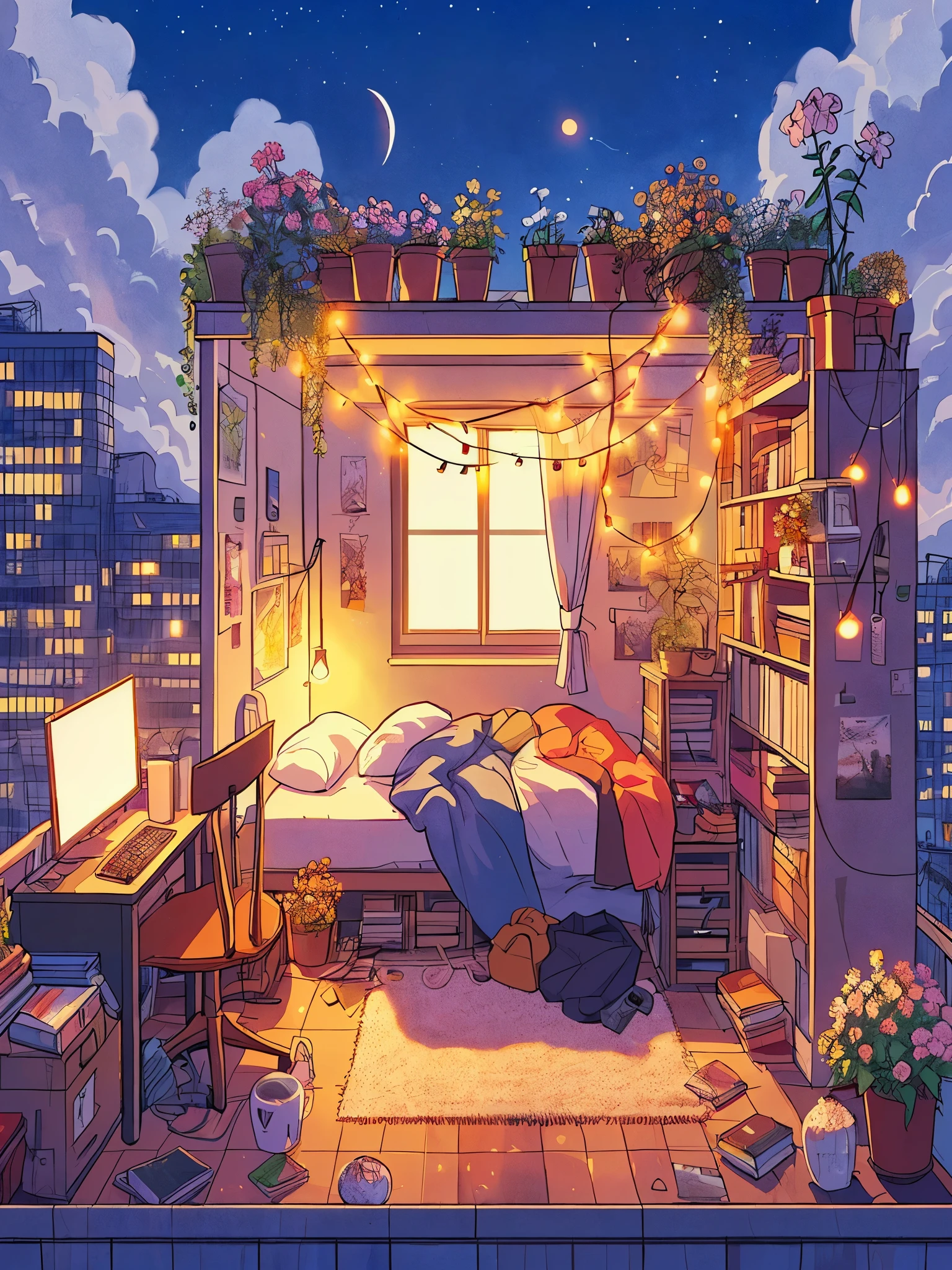 Draw an anime simple art scene of small cozy messy bedroom with fairylight on top floor of 21 storey building, colorful walls, flowers in pots, books in shelf, computer system, carpet, single light bulb hanging, late evening, cloudy sky, no human, vibrant color tones, dim light