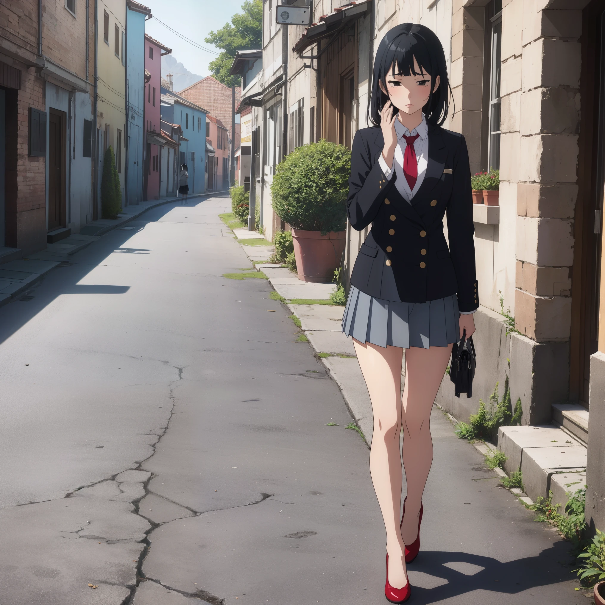 (Beautiful posture), 1Girl,slim,( thin), ((black short skirt with pleats)),(((short double-breasted jacket))), (black very short jacket),(fitted clothing) ,a white blouse, (red tie short) ,(Mary Jane shoes),long bangs on face, (straight black hair to waist)),gray eyes with a hint of purple, knee-deep portrait, sad, It&#39;s a nasty day, stands in the castle, ((emotion fear)), (sad face) ,(turns around) , (((press two palms to your face1.6)))