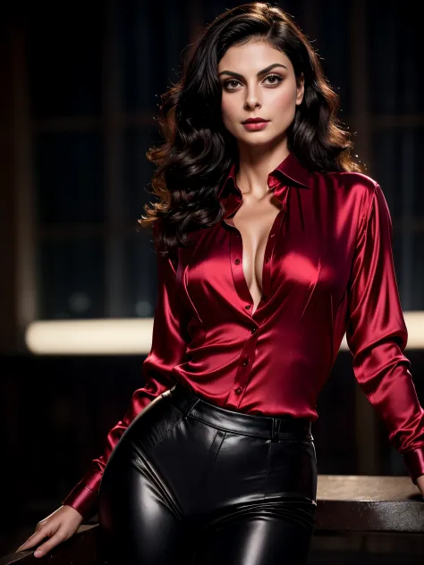 Morena Baccarin, long curly hair, gorgeous eyes, high arched eyebrows, seductive look, (crimson low-cut silk shirt:1.3), black leather pants, stilettos, midnight modern metropolis, spot lighting, backlight on hair, shallow depth of field, bokeh, sexy