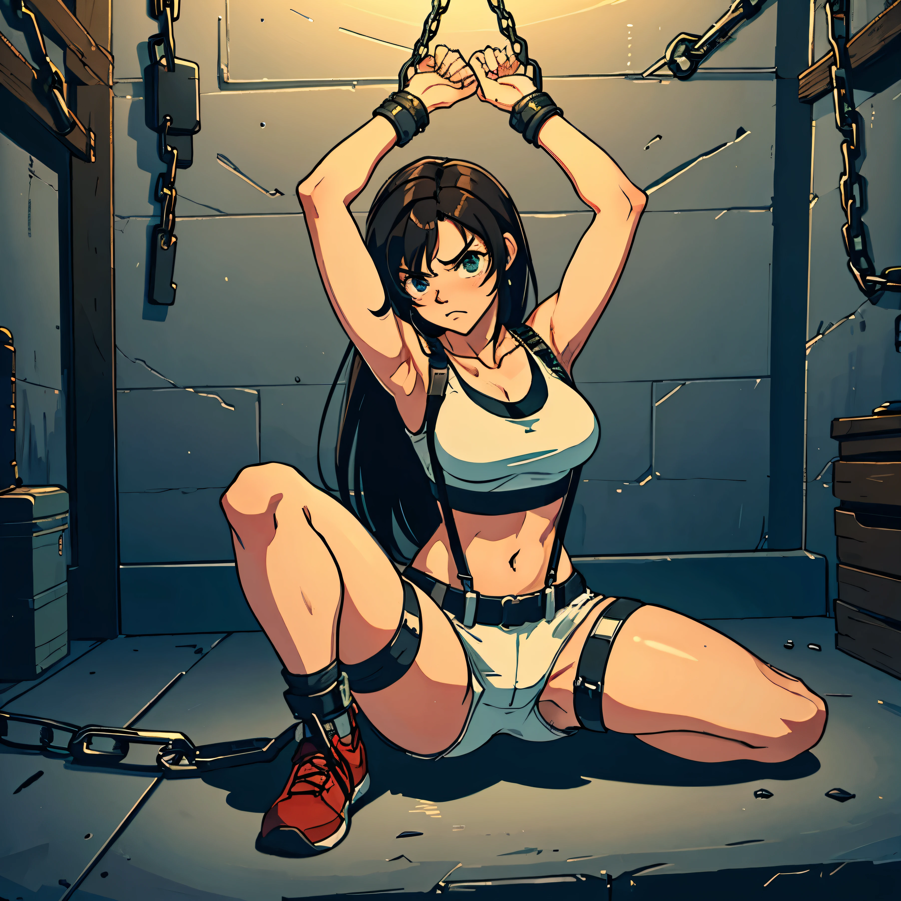 high quality, high resolution, extreme detail, masterpiece, tifa Lockhart, white tank top, tied up by chain,arms up, in the basement,,bondage, (restrained), angry,  full body