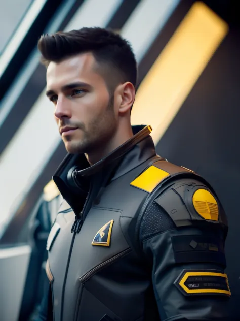 fking_scifi, award-winning photo of a man, black flight suit with yellow accents, brown hair, (gray eyes:1.35), square jawline, ...