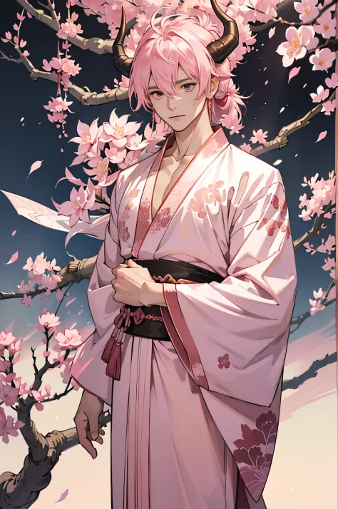 pink,Japanese dragon man,sakura tree branches as horns,sakura petals,open chest white and pink kimono,standing,sakura tree,drago...