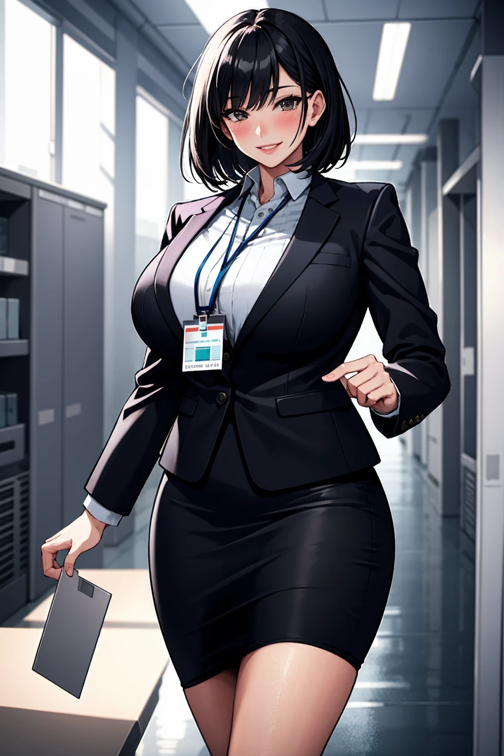 (modern office indoors), 1lady, solo, mature female, (black medium hair), bangs, (suit), (jacket), open jacket, (pencil_skirt), (black pantyhorse), ((id card)), blush kind smile, (masterpiece best quality:1.2), delicate illustrations, high resolution, super detail, (huge breasts:1.1)