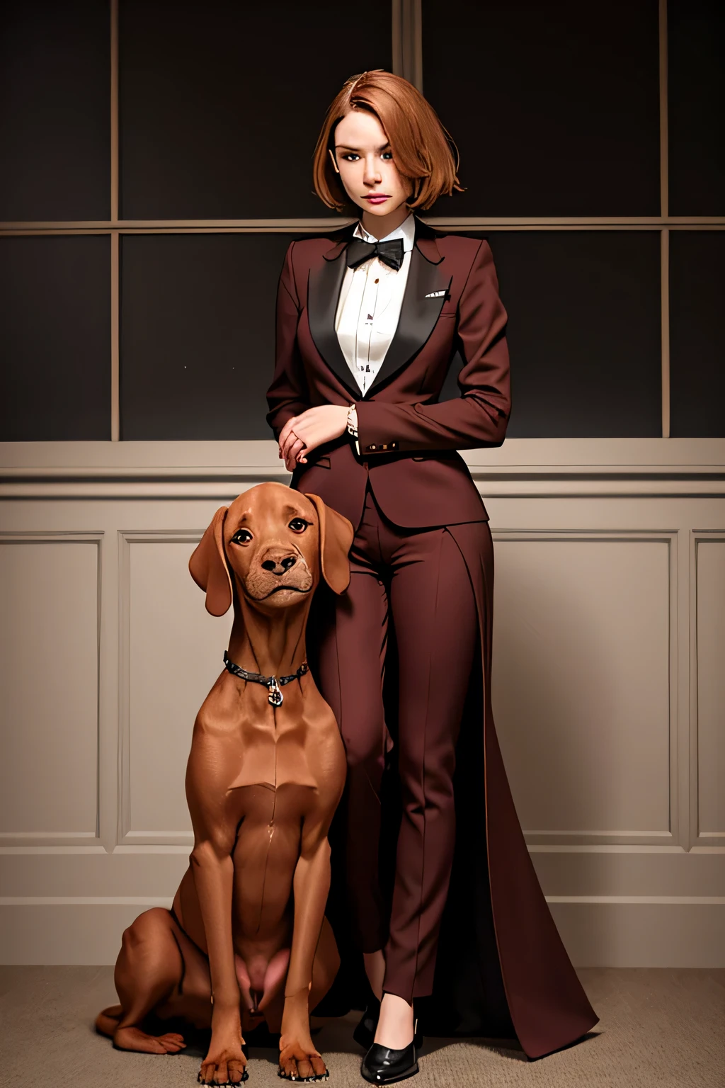 Create a detailed photo of a full-length standing woman, High definition, high resolution, in formal clothes in neutral colors and her short-haired brown Hungarian Vizsla dog on her lap, apoiando as patas dianteiras em seu dono