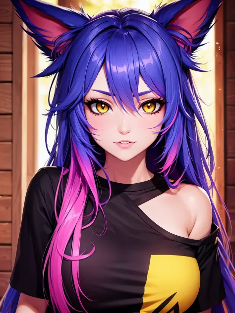 Xayah, t-shirt, animal ears, yellow eyes, pierced nose, casual clothes, portrait, stunning, hair over shoulder, hoodless, beauti...