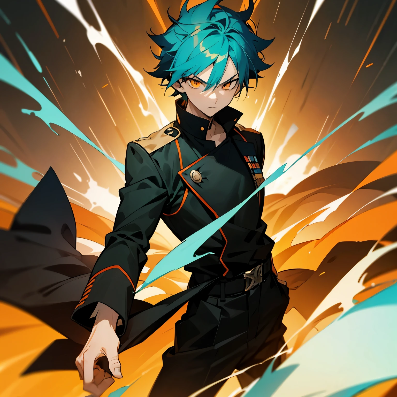 1 boy, Turquoise hair, orange eyes, black cloth, handsome, 15 years old kid, wearing uniform, orange eye liner, light power, fighting pose, psycho look in his face