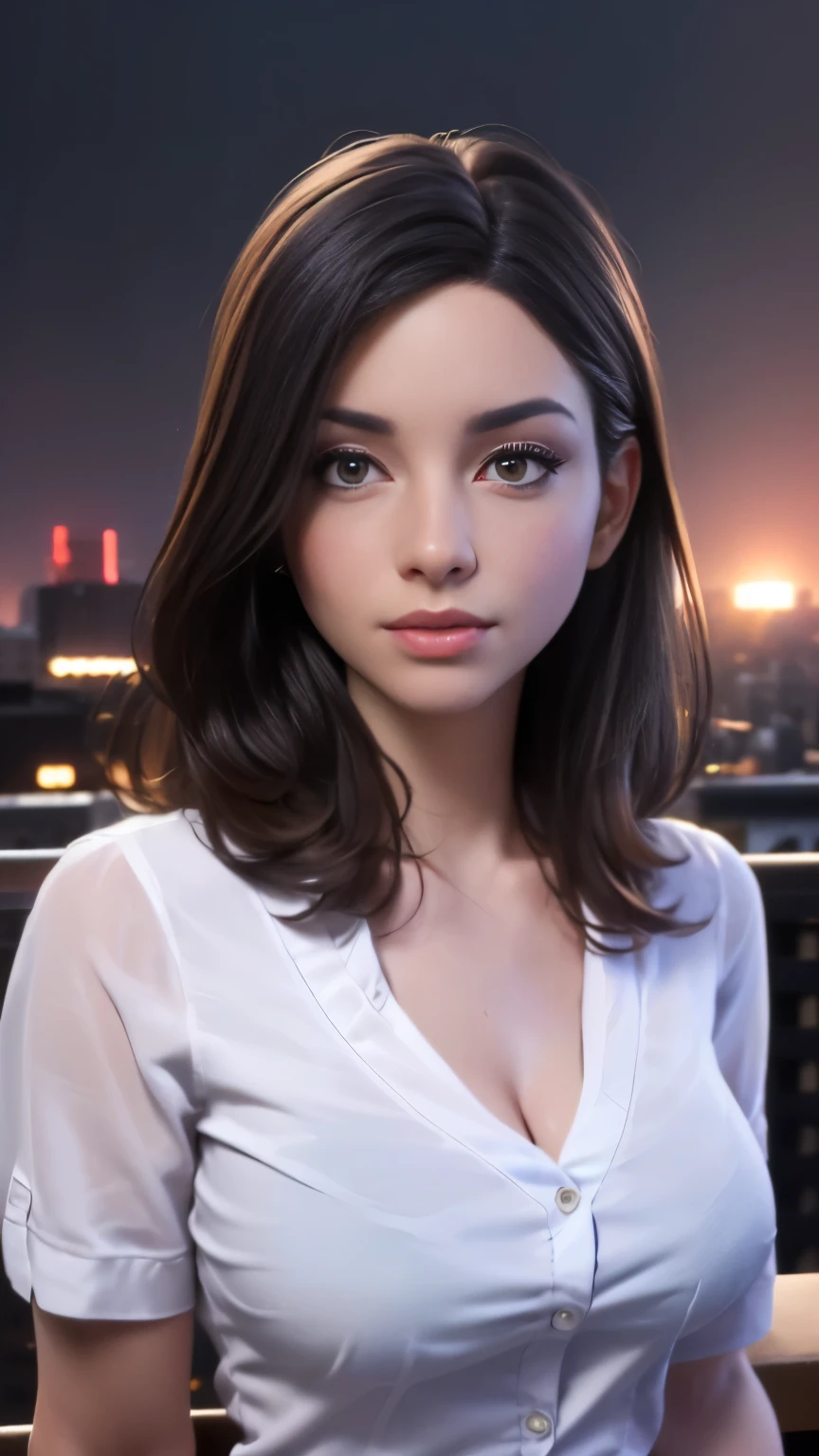 photo of Sweet Anita, RAW, beautiful woman, ((portrait)), ((detailed face:1.2)), ((detailed facial feature, detailed skin, clear skin), (perfect proportioned body), (wearing a v-neck shirt) (high detailed city environment, apartment balcony), (realistic photo, best quality, detailed), (8k wallpaper), (cinematic lighting, dramatic lighting) (sharp focus, intricate)
