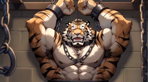 a burly one, furry tiger，Rich chest muscles，His hands and feet are bound by chains ，Chains wrapped around his chest,He was chained to the body，He has a metal collar around his neck，Chains wrapped around his chest，His chest muscles were tightly bound by cha...