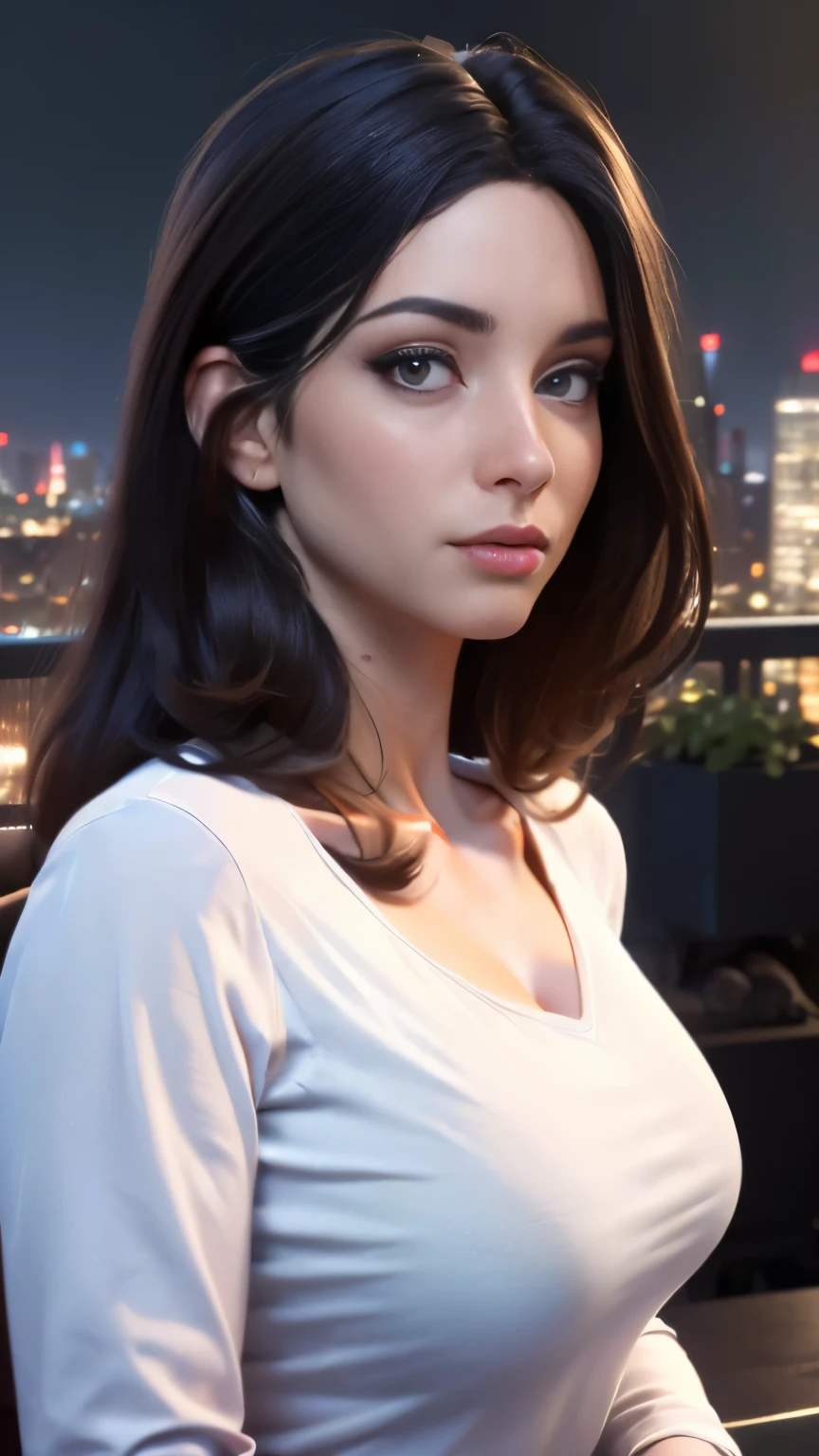 photo of Sweet Anita, RAW, beautiful woman, ((portrait)), ((detailed face:1.2)), ((detailed facial feature, detailed skin, clear skin), (perfect proportioned body), (wearing a tight v-neck long sleeve shirt) (high detailed city environment, apartment balcony), (realistic photo, best quality, detailed), (8k wallpaper), (cinematic lighting, dramatic lighting) (sharp focus, intricate)