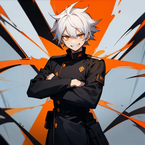 1boy, white hair, orange eyes, wearing black uniform, grin, annoyed face, psychotic smile