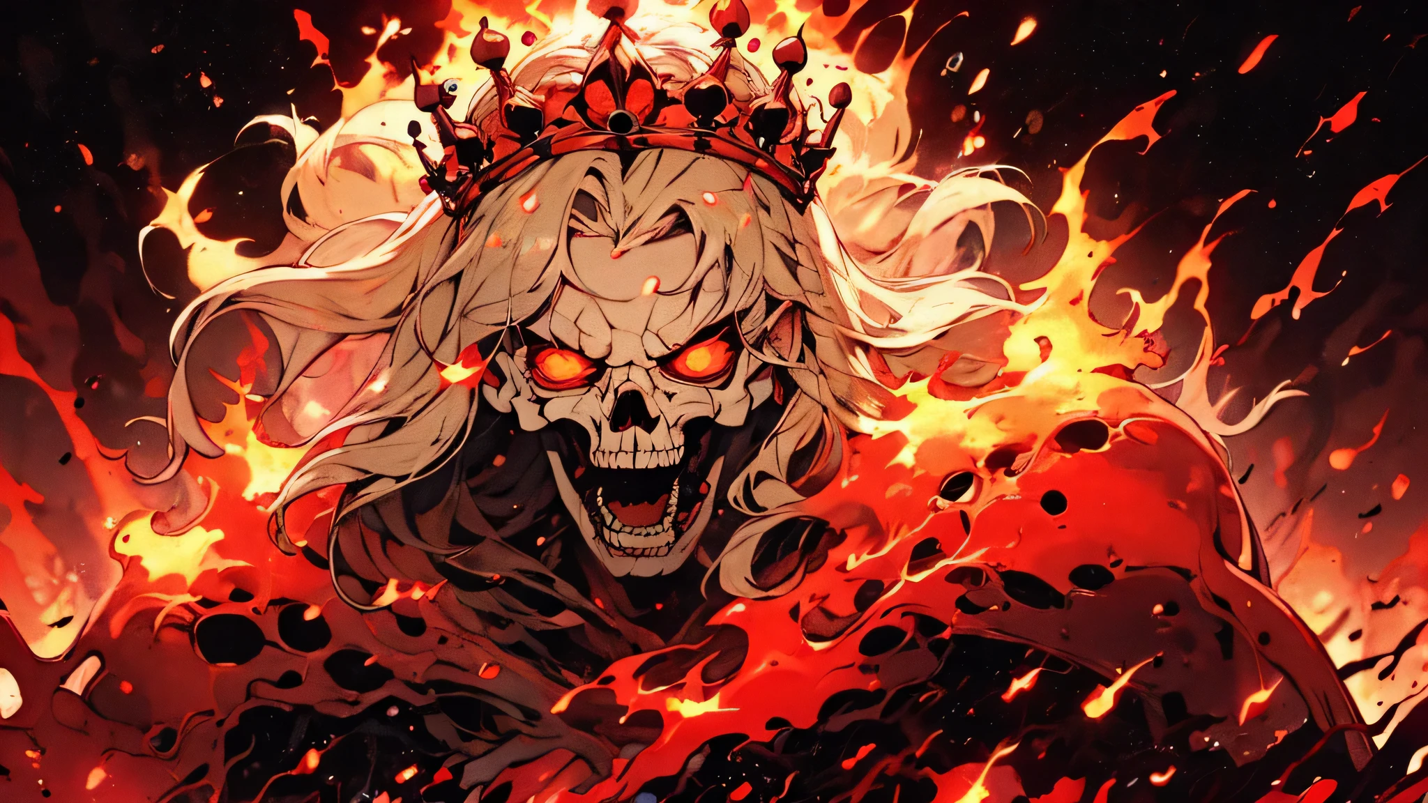 un rey esqueleto con una corona de fuego y luces rojas saliendo de las cuencas de sus ojos