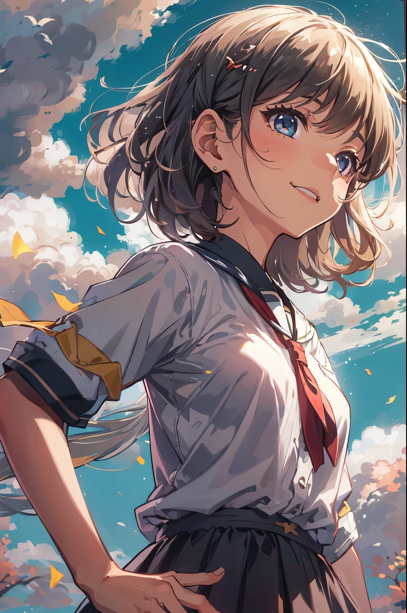 solo, girl, japanese highschool girl, high school uniform, detailed clouds, warm lighting, short hair, shiny hair, light smile, dark eyes, detailed beautiful face and eyes, cinematic lighting, jpeg artifacts, Eye-Level Shot, drop shadow, depth of field, tachi-e, Ghibli-like colours, masterpiece, retina, accurate, best quality, highres, 8K, super detailed