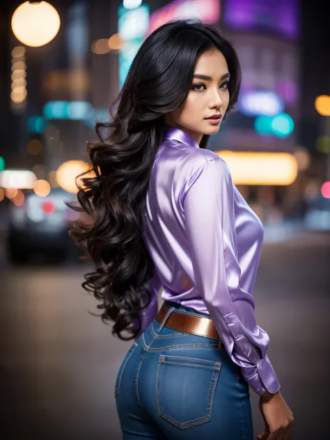 full length photoshoot, gorgeous asian woman, long curly hair, pretty eyes, high arched eyebrows, seductive look, light purple l...