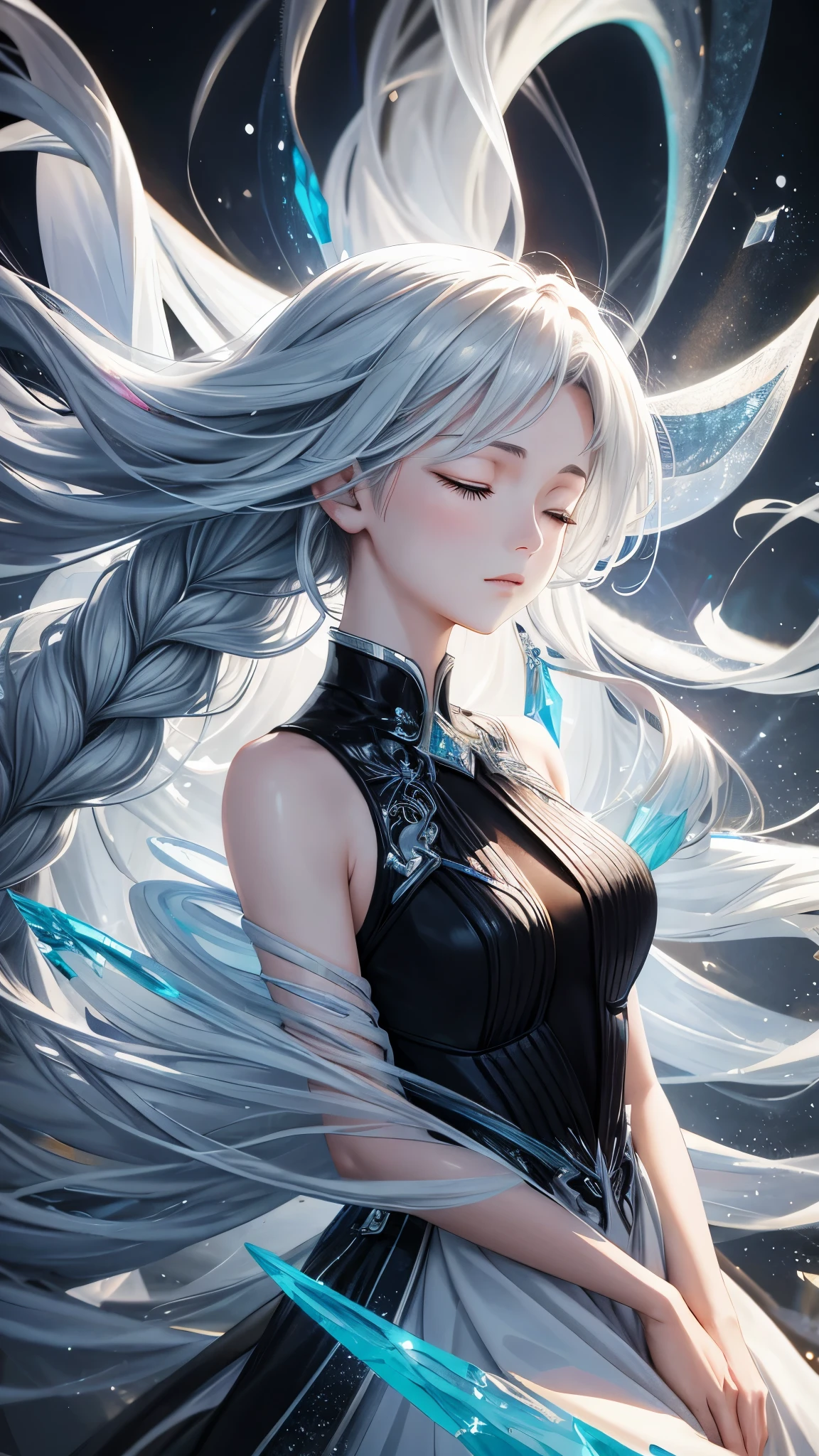 Half body, headshot. Closed eyes. Calm. Step into a captivating scene featuring one young lady with very long white hair braided , as vibrant ice particles ignite the air around her, creating a dazzling and dynamic atmosphere. Crafted with exquisite detail crystal ice dress and rendered in breathtaking 10k high resolution, The creative lighting style bathes her in a radiant, icy glow, harmonizing with the swirling ice particles. this masterpiece blends the art mediums of digital illustration, crystal effects, particle simulation, and post-processing techniques. Drawing inspiration from the styles of Anime, Mystical Realism, and Contemporary Surrealism