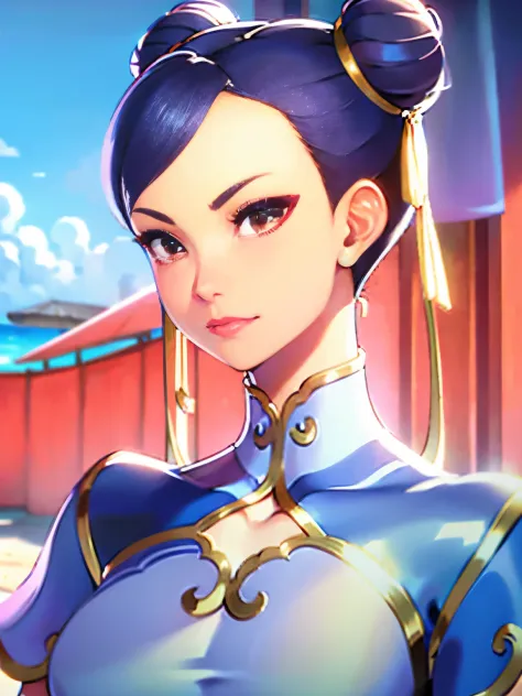 Chun li,high resolution, mais alta qualidade, Illustrations, super detalhe, (rosto detalhado), (olhos detalhados) , praia, divin...