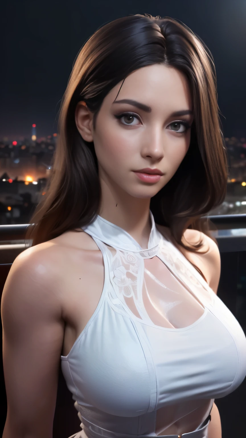 photo of Sweet Anita, RAW, beautiful woman, ((portrait)), ((detailed face:1.2)), ((detailed facial feature, detailed skin, clear skin), (perfect proportioned body), (wearing an elaborate low cut halter dress) (high detailed city environment, apartment balcony), (realistic photo, best quality, detailed), (8k wallpaper), (cinematic lighting, dramatic lighting) (sharp focus, intricate)
