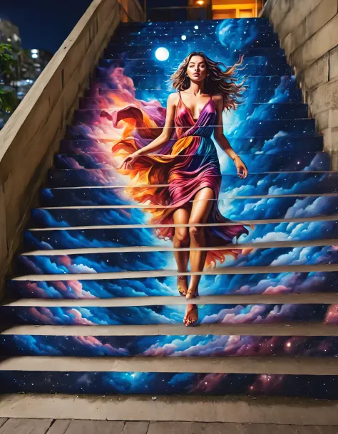 masterpiece, best quality, stair-art, 1woman, nighttime, vibrant, flash-photography, high-saturation