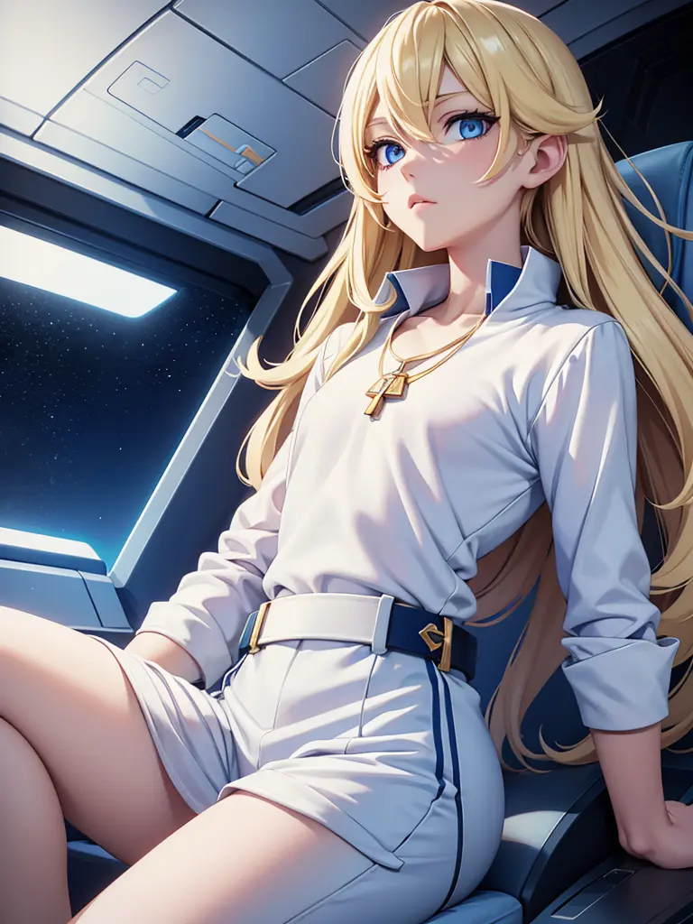Young blonde anime, aesthetic body, dark blue eyes, with white clothes with blue details, on a spaceship, with golden necklace