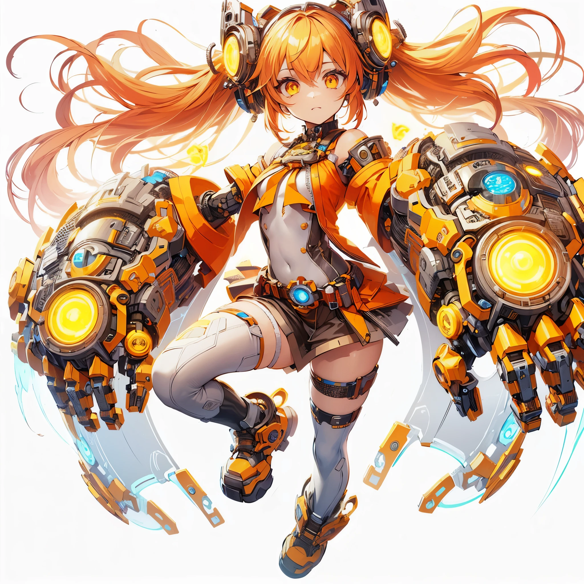 (Masterpiece, best quality), ultra-detailed, full-bodied cyber punk magical girl, hold on high tech gauntlet, orange hair, glowing yellow eye, cute girl outfit, cyber hi-tech boots, high resolution, digital painting, 8k high resolution, trending art station, white background, whole body.
