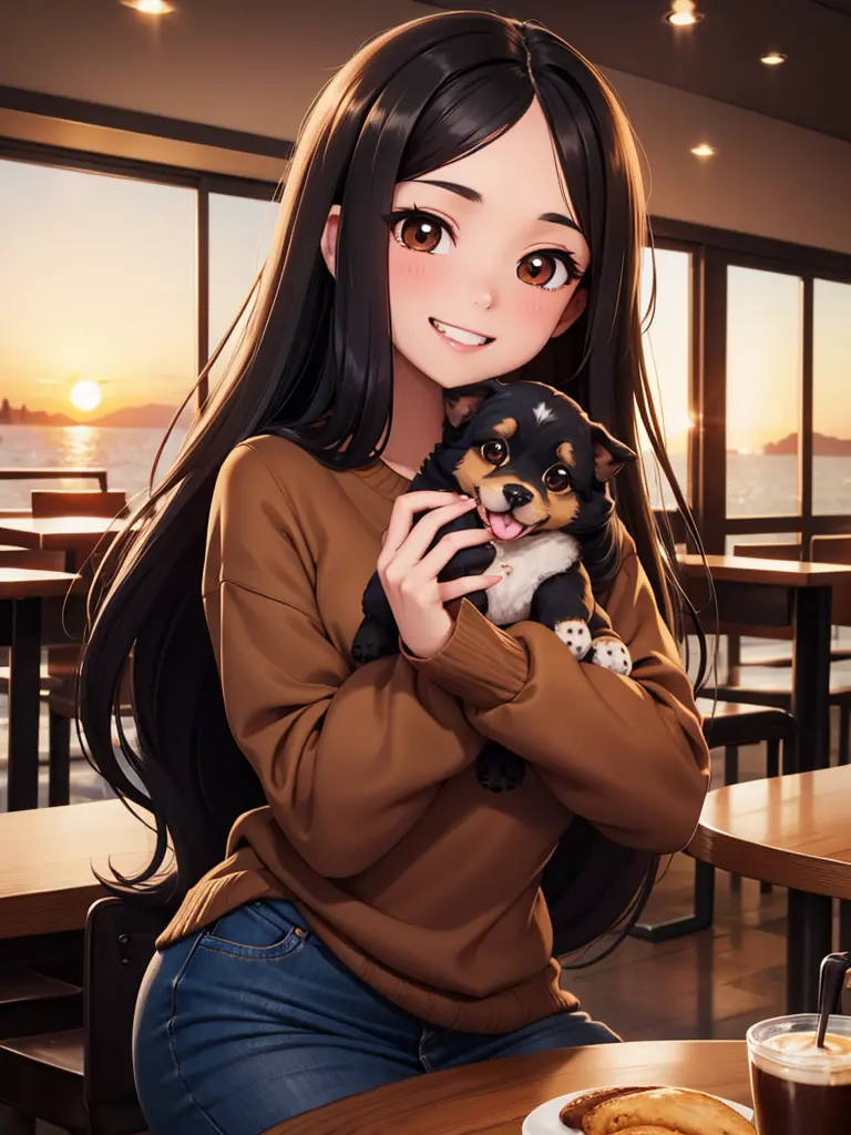 Cute black long straight hair brown eyes round face girl wearing brown sweater sitting in café drinking coffee, sunset, toothy s...