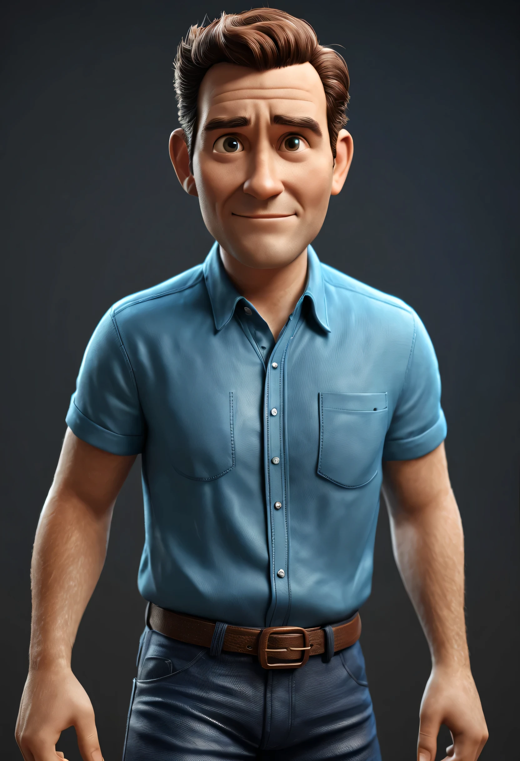 Personagem de desenho animado de um homem com uma camisa azul, um personagem animado, Caractere estilizado, animation style rendering, 3D estilizado, Arnold Maya rendering, Stylized 3D rendering, toon render screenshot, Personagem 3D, Personagem 3D, Stylized 3D rendering, 3D character rendering, personagem de desenho animado, Personagem de close up, Pose de personagem, (Estilo Pixar) (parte mestre:1.2) (Bokeh) (melhor qualidade) (pele detalhada) (textura detalhada) (8k) (argila) (cinematic lighting) (sharp focus，Senta e vaza a parte superior do corpo

