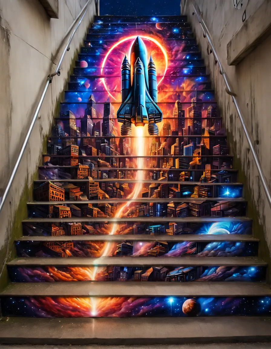 masterpiece, best quality, stair-art, science-fiction, nighttime, vibrant, flash-photography, high-saturation