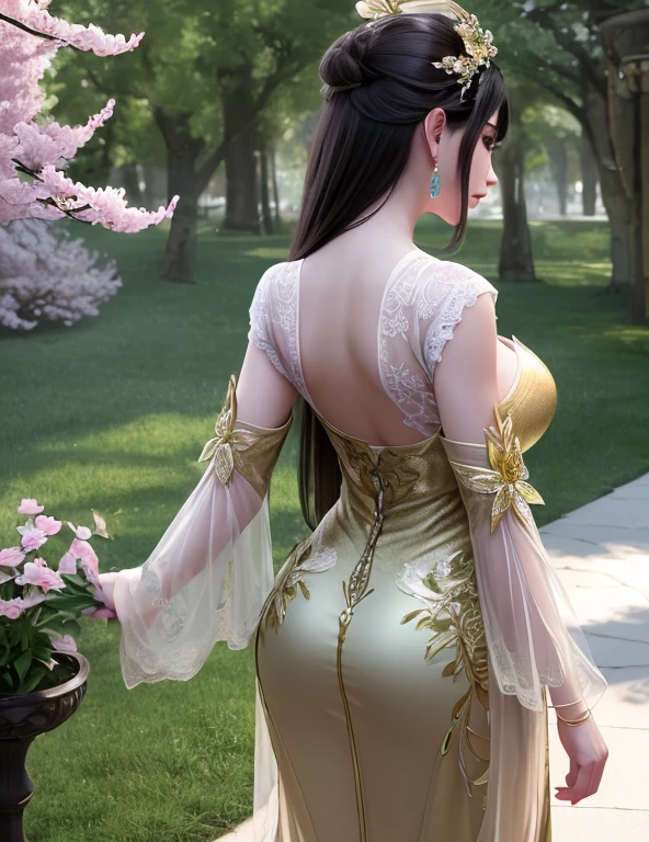 ultra realistic 8k cg, flawless, clean, masterpiece, professional artwork, famous artwork, cinematic lighting, cinematic bloom, perfect face, beautiful face, fantasy, dreamlike, unreal, science fiction, lace, lace trim, lace-trimmed legwear, luxury, jewelry, diamond, gold, pearl, gem, sapphire, ruby, emerald, intricate detail, delicate pattern, charming, alluring, seductive, erotic, enchanting, hair ornament, necklace, earrings, bracelet, armlet, halo, autumn, thick dress, (,1girl, from behind, back view, best quality, ) , (,1girl, solo, very huge bum, very huge ass, looking at other, cherry blossoms, )