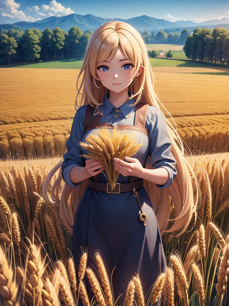 Masterpiece, best quality, (very detailed CG unified 8k wallpaper) (best quality), (best illustration), (best shade) nature harvest wheat, super meticulous , people working in the fields 